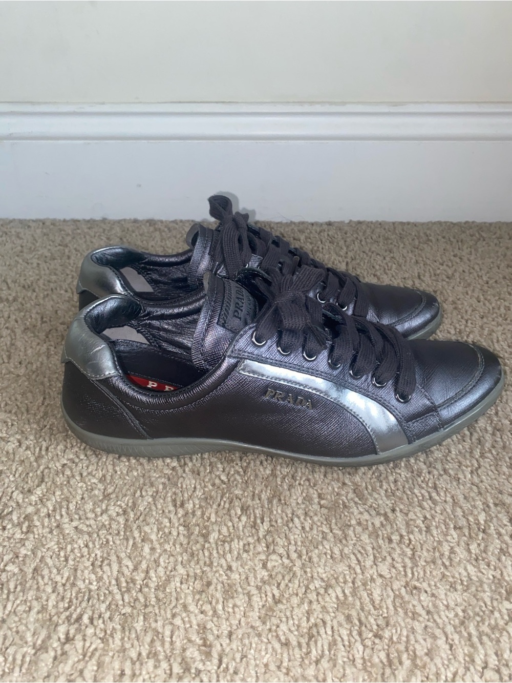 Prada Metallic Gunmetal Leather Sneakers